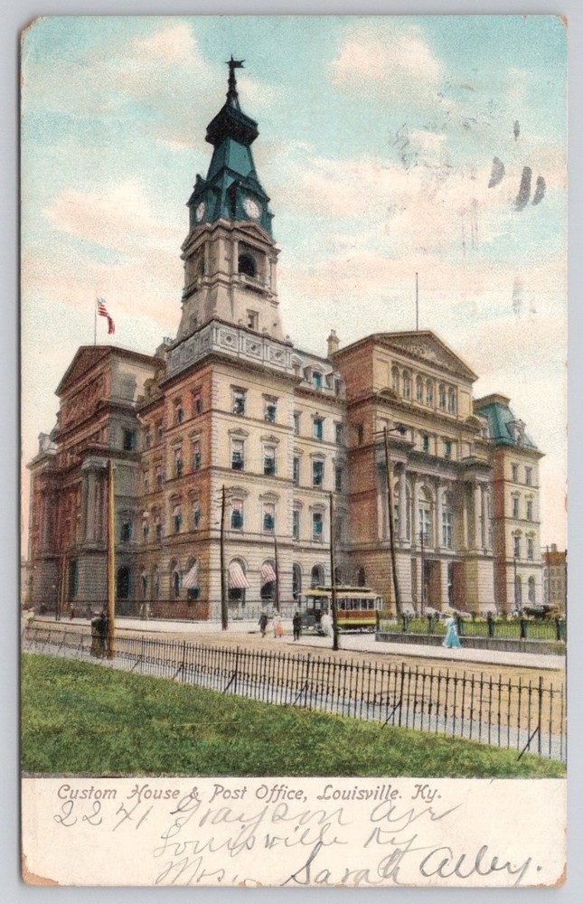 1908 Louisville KY Custom House Post Office Streetcar Illustrated Postcard