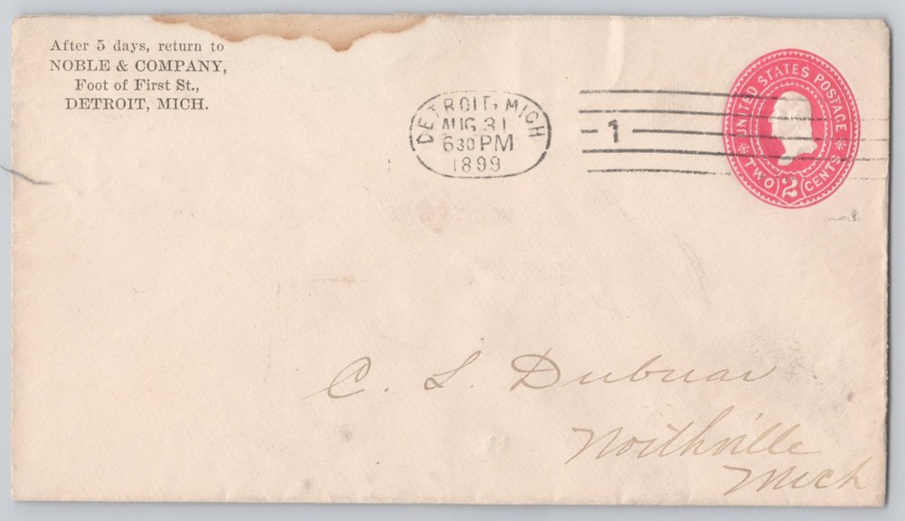 Detroit, Mich Noble & Co. 2c indicia envelope, Un, 1899 Postal History