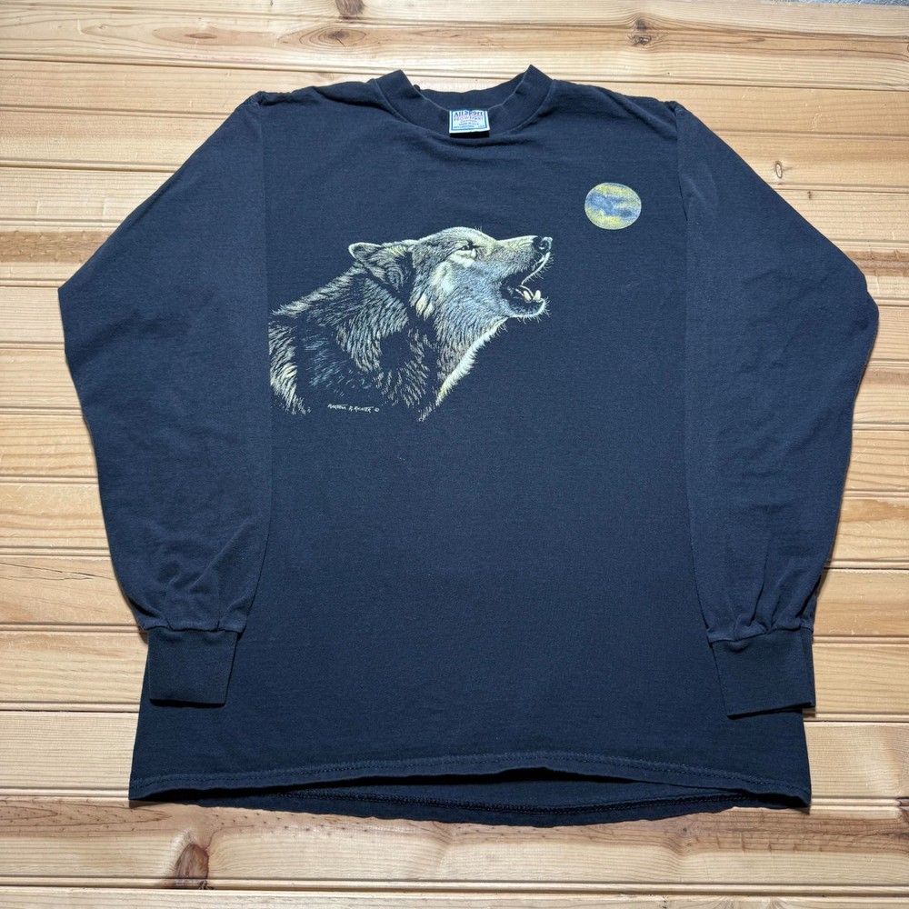 Vintage 90s Wolf Howling Full Moon Wildlife Long Sleeve Graphic Shirt USA Large