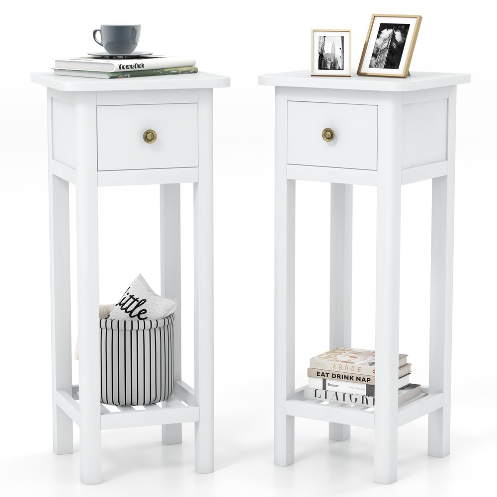 Costway 2-Tier Acacia Wood Bedside Table with Drawer and Shelf-image
