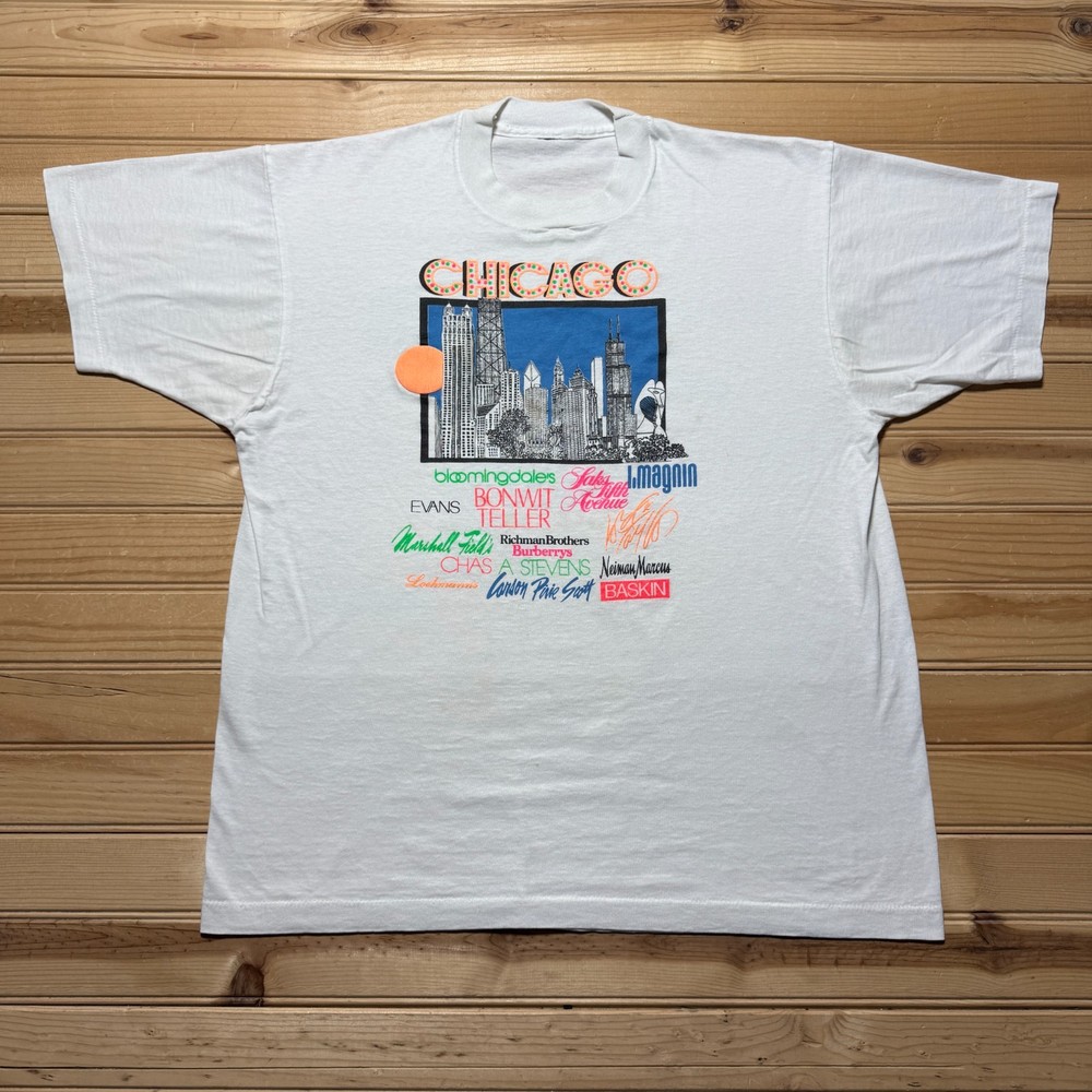 Vintage 80s Chicago Skyline Department Store Puff Print Souvenir T-Shirt - Large