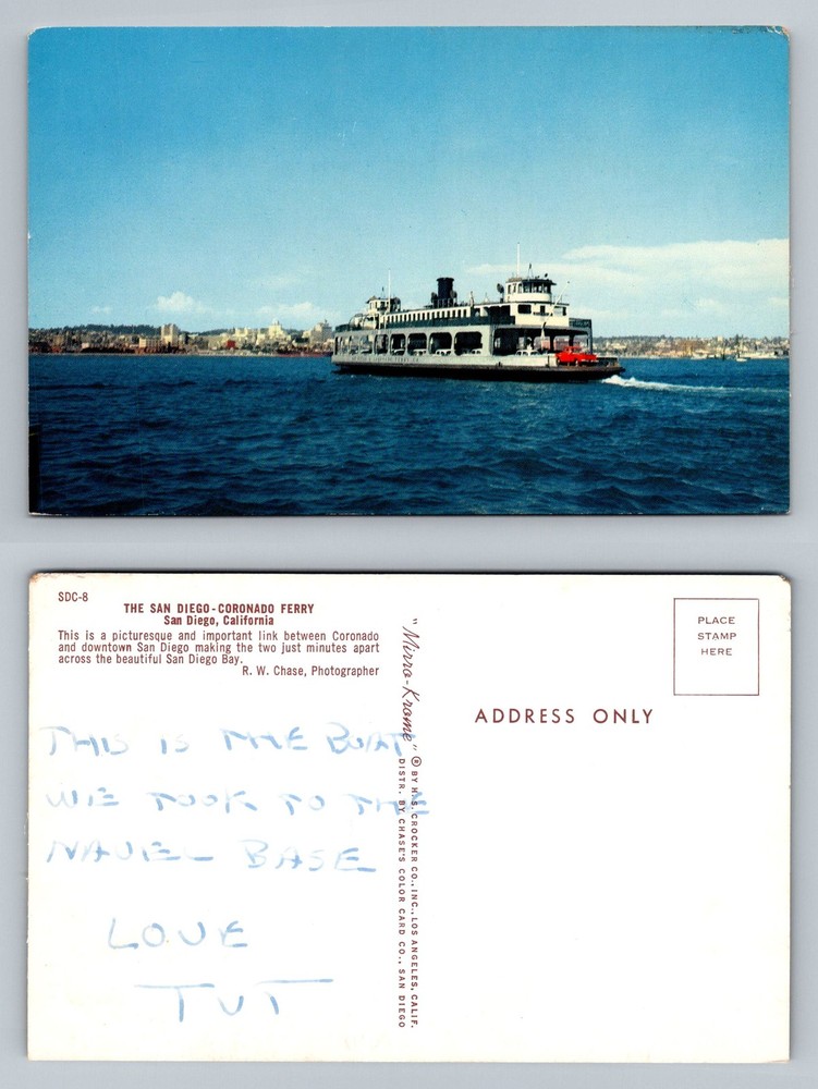 San Diego, CA-California, San Diego Coronado Ferry Bay Crossing Vintage Postcard