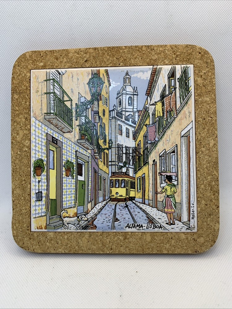 Decorative Pottery Tile Portugal Alfama - Lisboa Street Scene Trivet Cork Backed