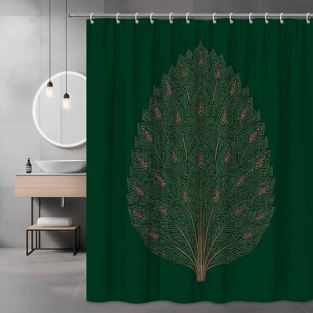 Peacock Feather Print Shower Curtain Green Gold Graphic