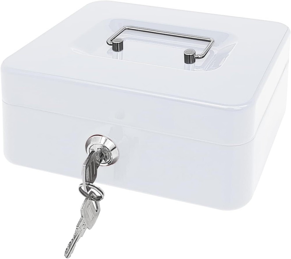 Compact White Steel Cash Box with Key Lock, 7.8x6.3x3.3 inches, Metal Money Storage