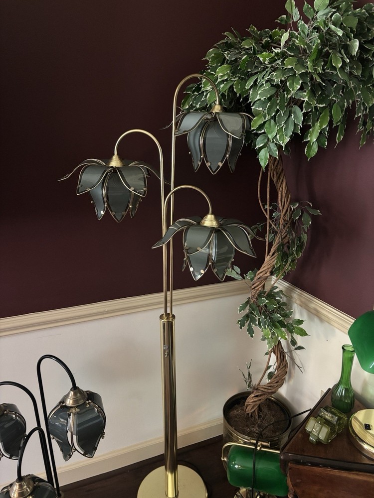 Vintage Smoky Black Waterfall Lotus Floor Lamp Hollywood Regency Style