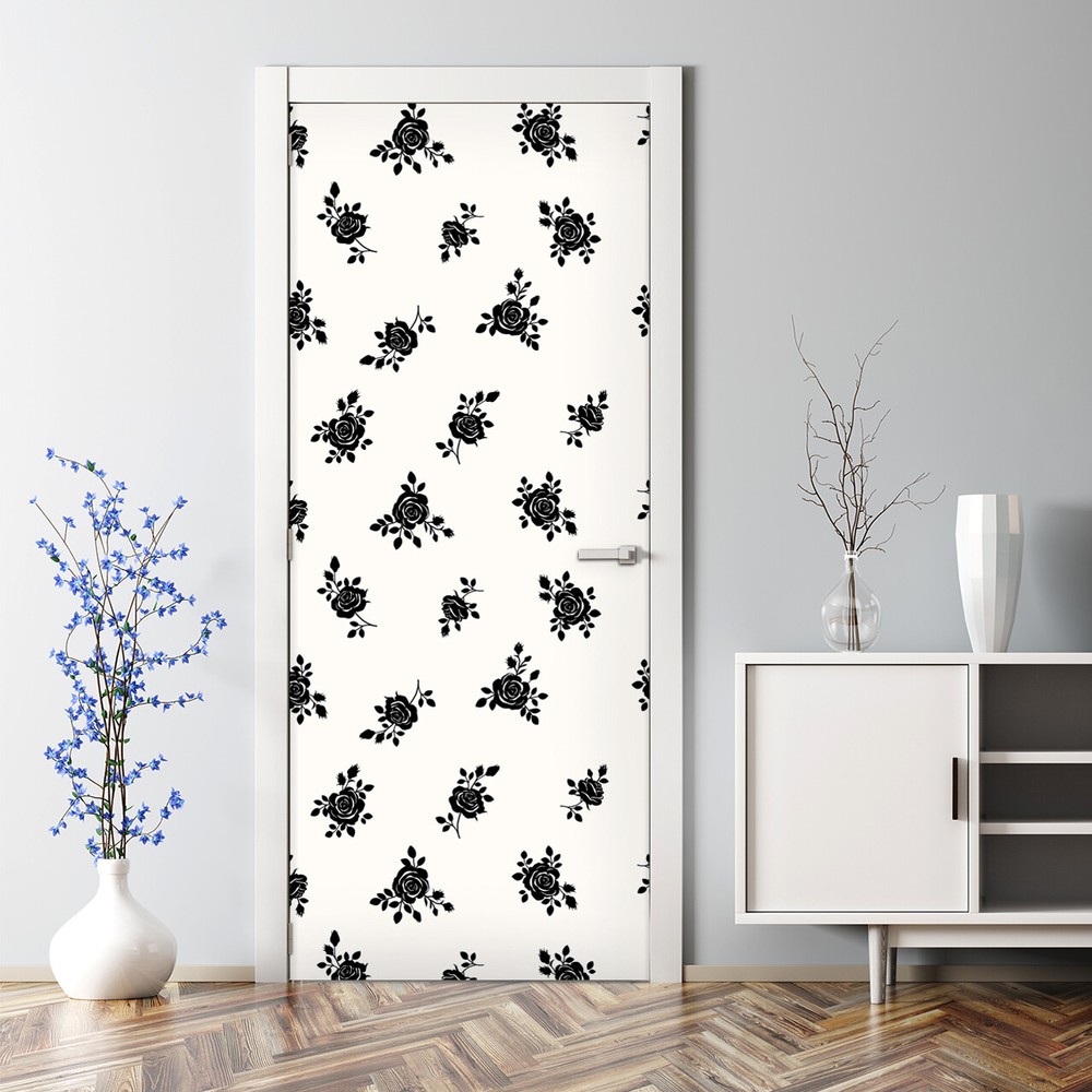Roses Bubble Free Door Sticker White and Black Decal for Home Decor