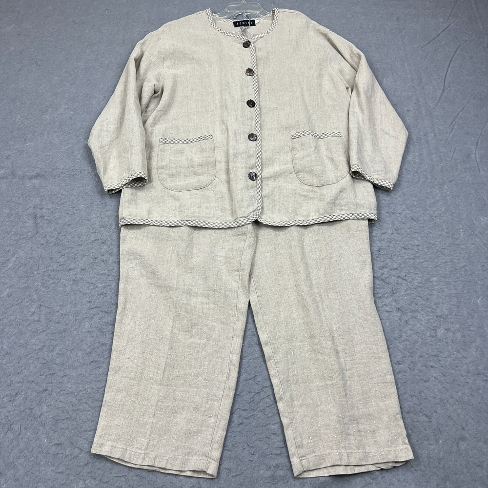 Fenini Set Womens Large Beige 100% Linen Lagenlook Boho Buttons 2 Piece USA Made