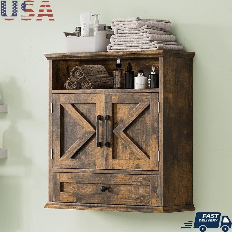 Farmhouse Wall Cabinet W/ Barn Doors Adjustable Shelves Storage Solution New
