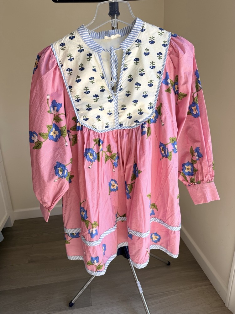 Entro Pink Floral Ruffle Neck Cotton Tunic Blouse Short Sleeve Women's L Boho