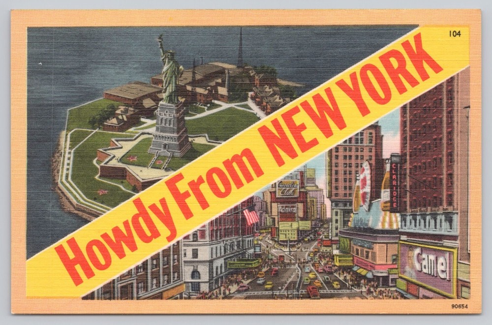 New York City NY, Greetings, Statue of Liberty & Times Square, Vintage Postcard