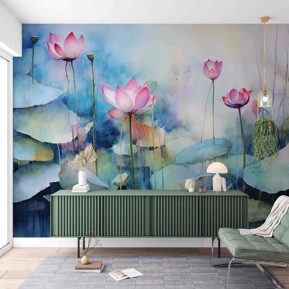 3D Lotus Pond Watercolor Wall Murals Wallpaper Murals Wall Sticker