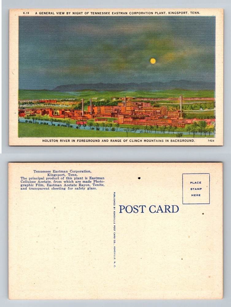 Kingsport, TN-Tennessee, Tennessee Eastman Plant Night View Vintage Postcard