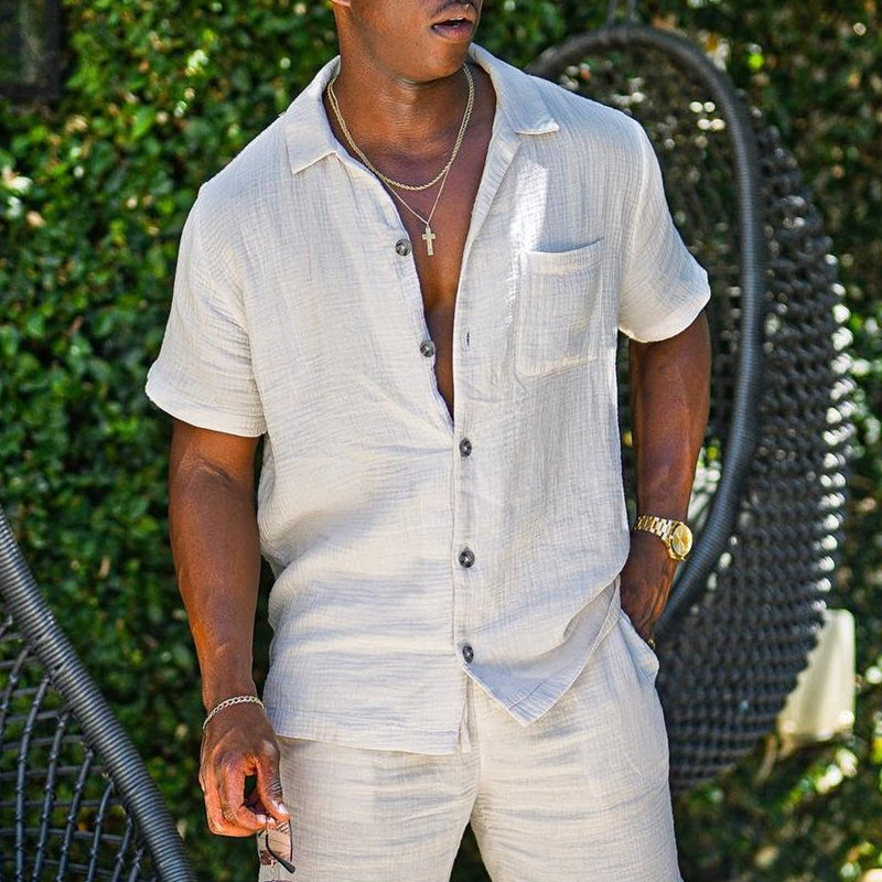 2 Piece Summer Men's Casual Short Sleeve Shirt & Beach Shorts Set