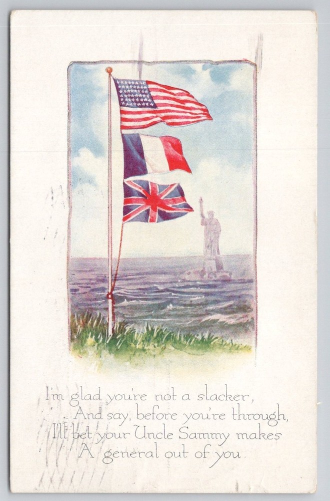 1917 WWI Patriotic Postcard Statue of Liberty USA France UK Flags Augusta GA