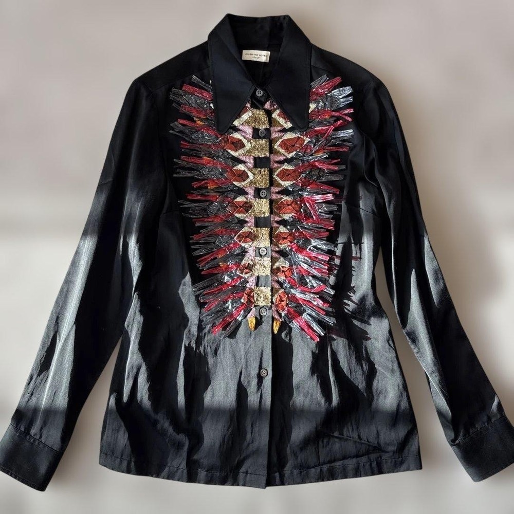 Dries Van Noten Embellished Chest Shirt Black Long Sleeve Size 36 S Used