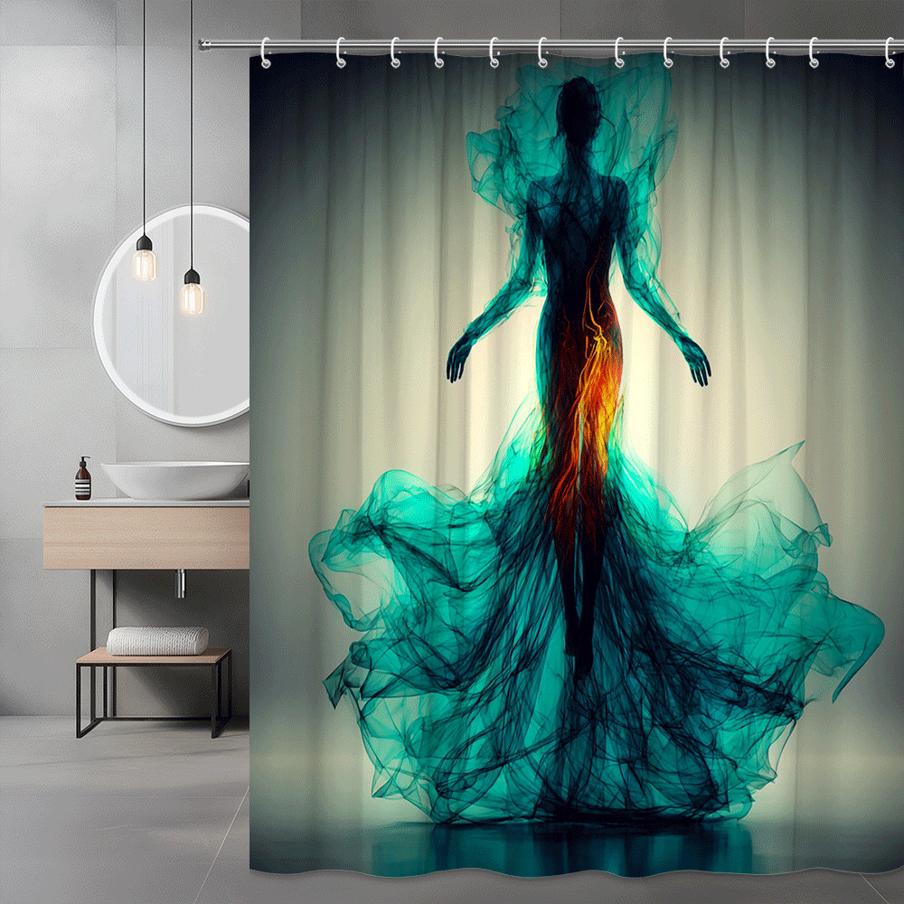 Abstract Woman Silhouette Shower Curtain Blue Teal Flame Art