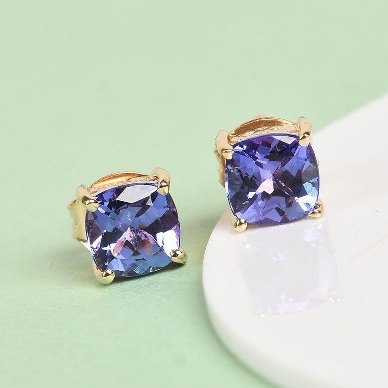 Violet Tanzanite Cushion 5mm Stud Earrings in Yellow Gold Plated Sterling Silver