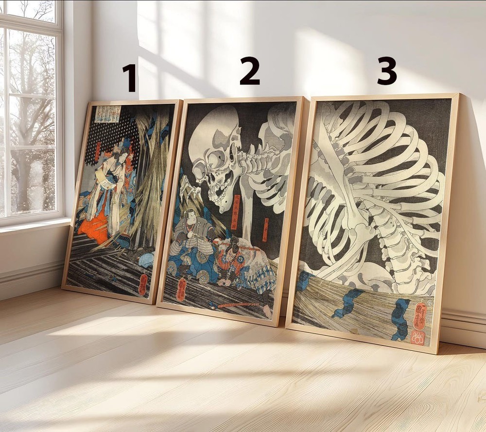 Japanese Skeleton Ukiyo e Vintage Art Poster Set