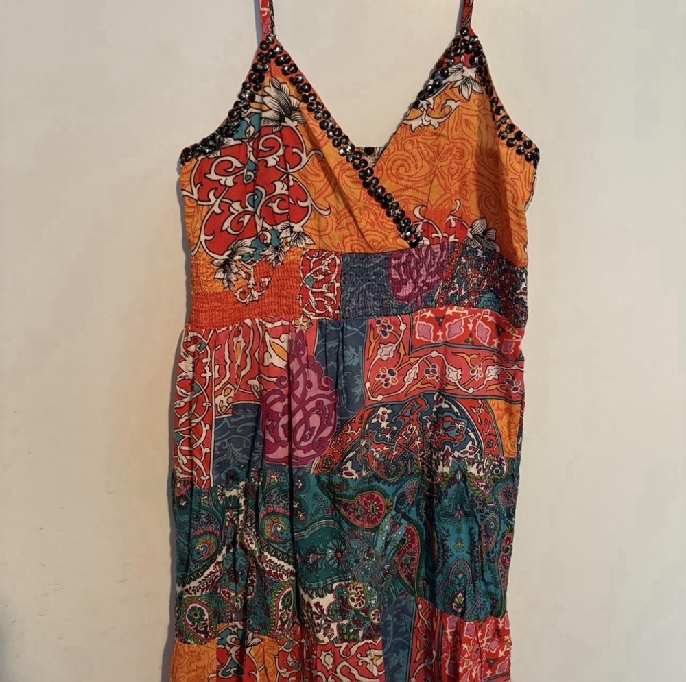 Vintage Y2K Smocked Studded Mini Dress Woman’s XL Stretchy Bright Paisley Orange