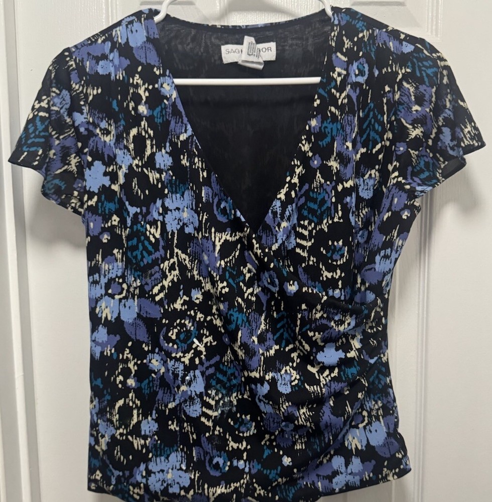 Women’s Black & Blue Abstract Print Petite Blouse Sag Harbor V Neckline