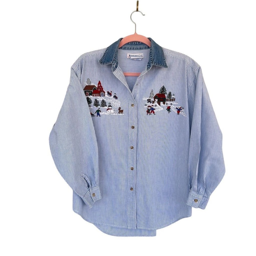 VTG Y2K Westport Ltd Women's M Blue Striped Long-Sleeve Shirt Winter Embroidery