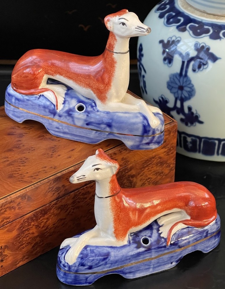 Rare 19C English Staffordshire Whippet Mantle Hunt Dog Pair Cobalt Bases 4.75”