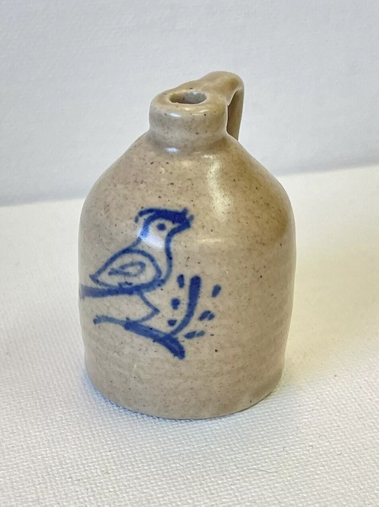 Stoneware Blue Bird Painted Miniature Jug 2” Vintage Signed “MS”? 1992 Dollhouse