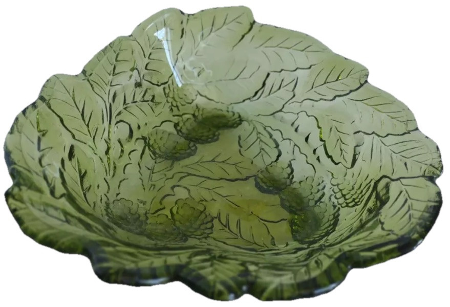 Vintage MCM Green Indiana Glass Loganberry Blackberry Leaves Candy Nut Dish