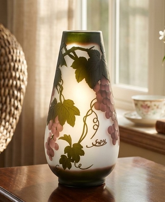 Galle Style Cameo Glass Vase - Grape & Vine Motif Art Nouveau