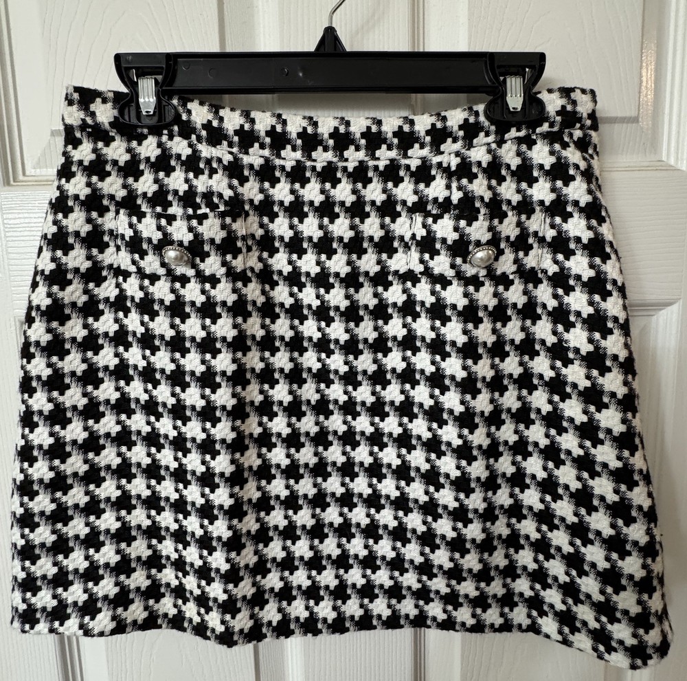 Houndstooth Skirt Tweed SzL Pearl/rhinestone Button/pocket/side Zip Lined