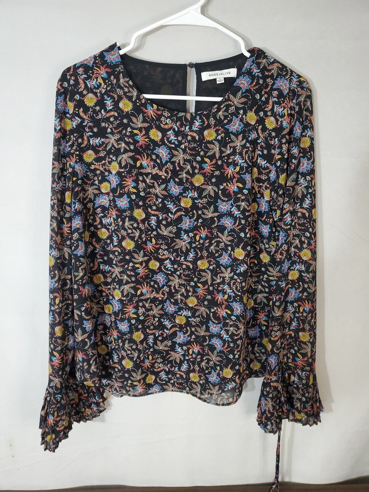 Rose & Olive Blouse Women's Size Large Floral Sheer Lined Long Bell Sleeve Boho