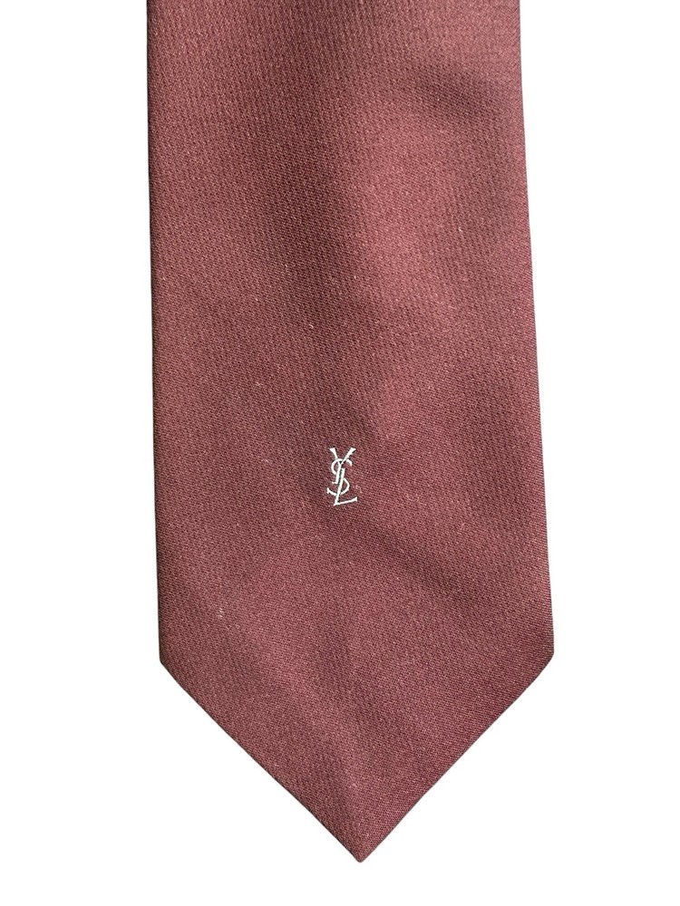 Yves Saint Laurent Men's Wine Red Silk Tie with Silver YSL Monogram