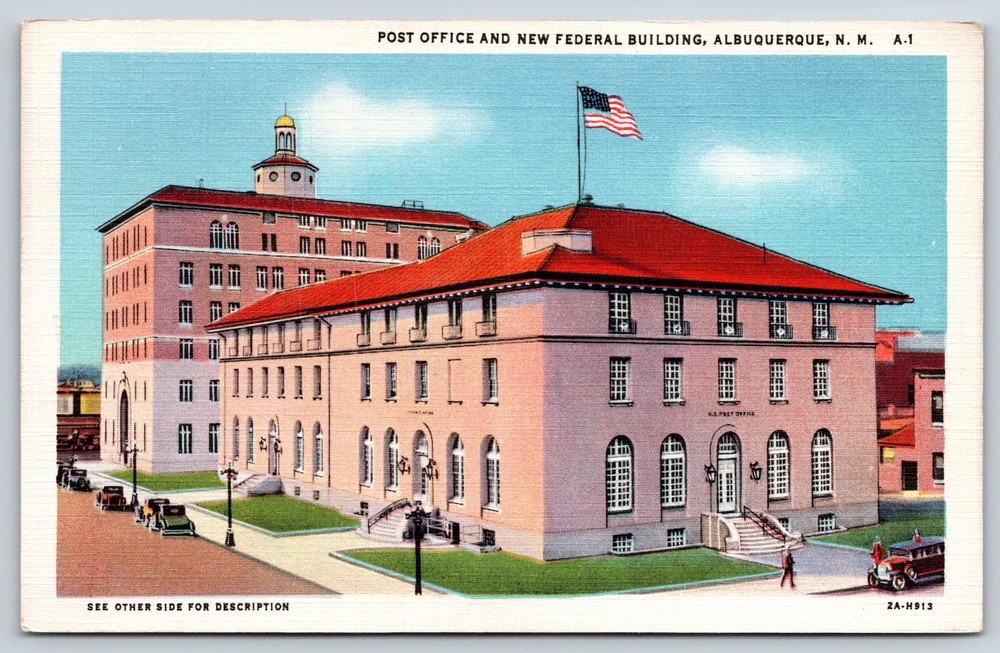 Albuquerque New Mexico~Post Office & Federal Bldg~c1930s Autos~1932 Linen PC