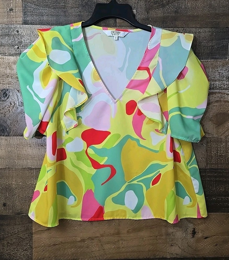 Crosby By Mollie Burch Top Women Small Ruffle Artsy Boho Colorful READ