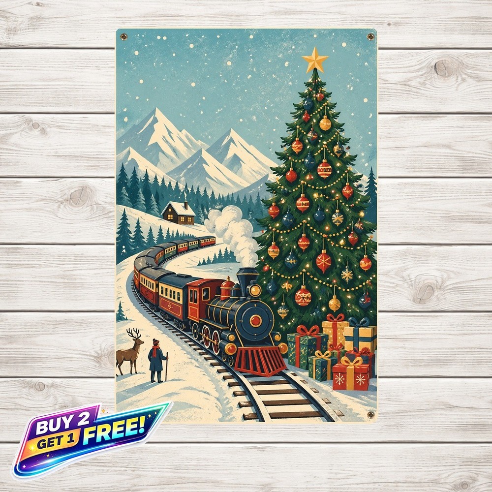 Aluminum Wall Christmas Train Metal Tin Sign Retro Holiday Decor