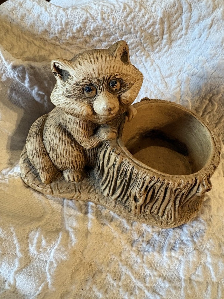 Vintage Hand Carved Wood Raccoon Candle/Change Holder Or Planter Folk Art