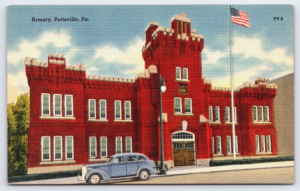 Pottsville Pennsylvania PA Armory Building Car Flag Vintage Linen Postcard