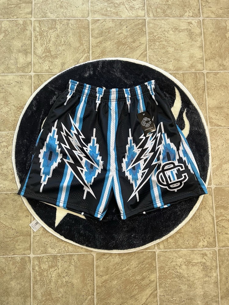 Corrupted Creative Men's XL Athletic Mesh Shorts Black Blue Geometric Pattern