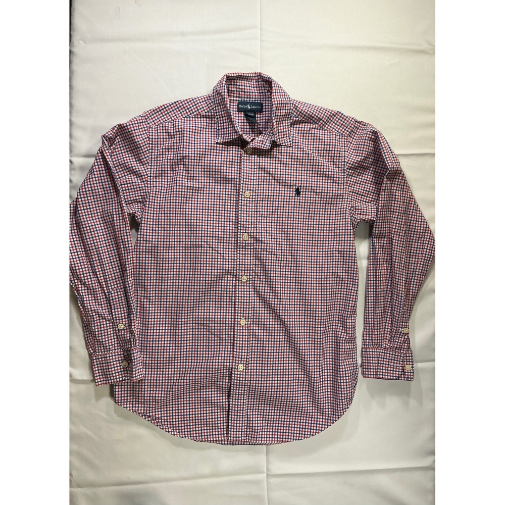 Polo Ralph Lauren Boys Gingham Button Down Shirt Red White Blue Size L 14-16