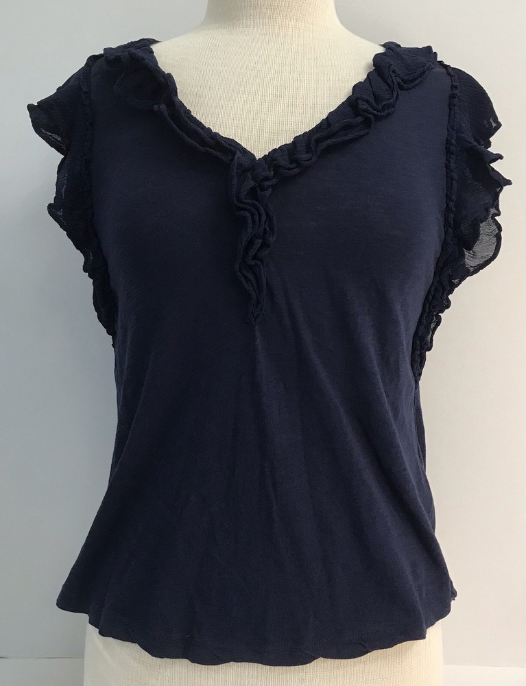 Anthropologie Short-Sleeve Navy Ruffled V-Neck Blouse - Size Small