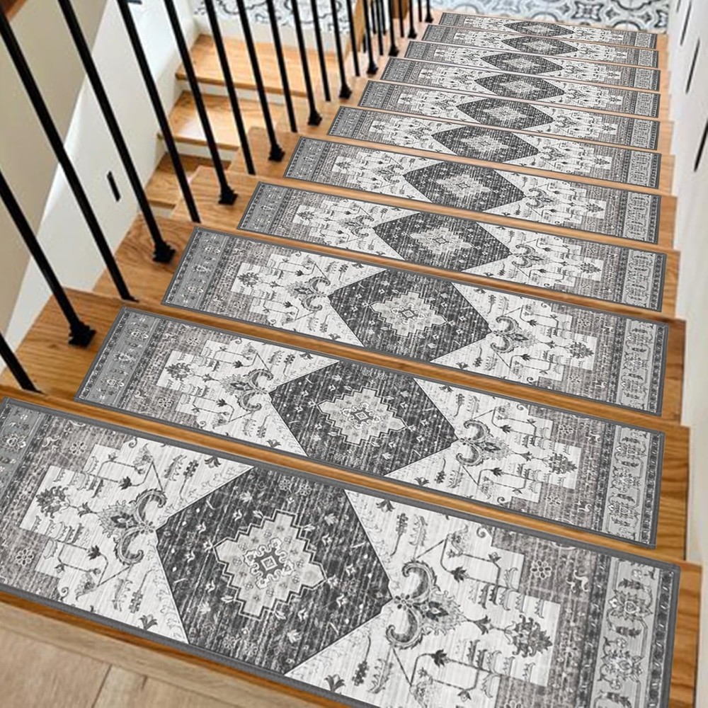 15Pcs Gray Chenille Non-Slip Carpet Stair Treads 30x8 Inch Set
