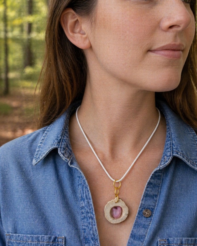 Handcrafted  antler Pendant  with Pink agate stone, Gold Tone, White Cord