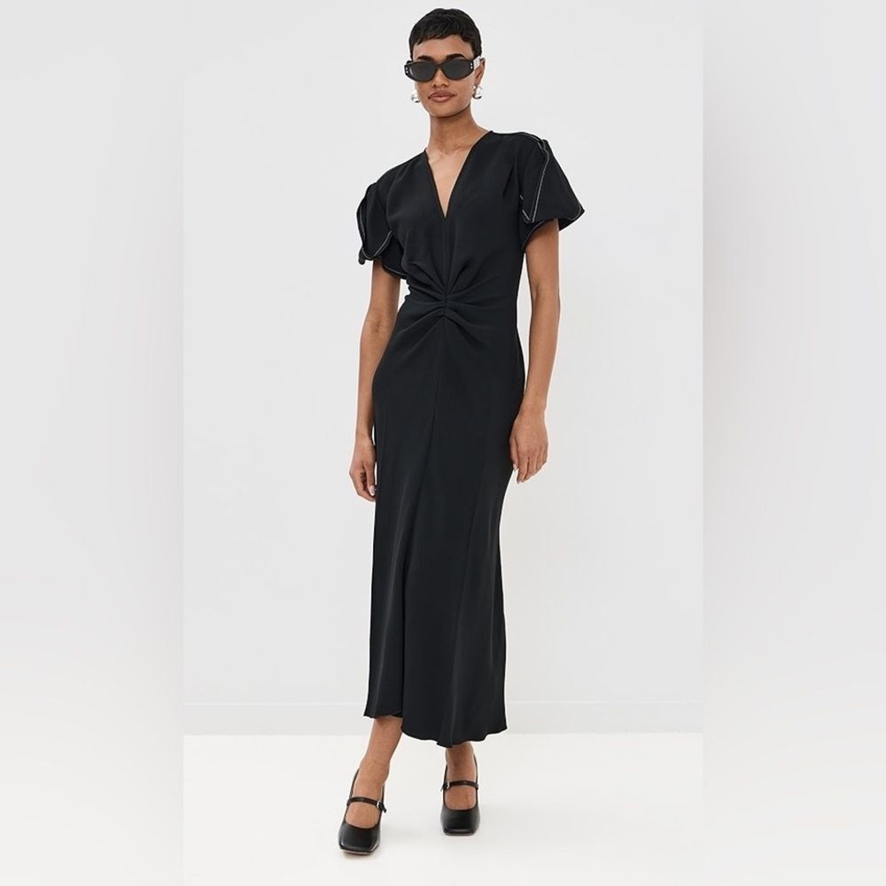 Victoria Beckham Gathered V Neck Midi Dress Size 6 Designer Work Formal Minimal