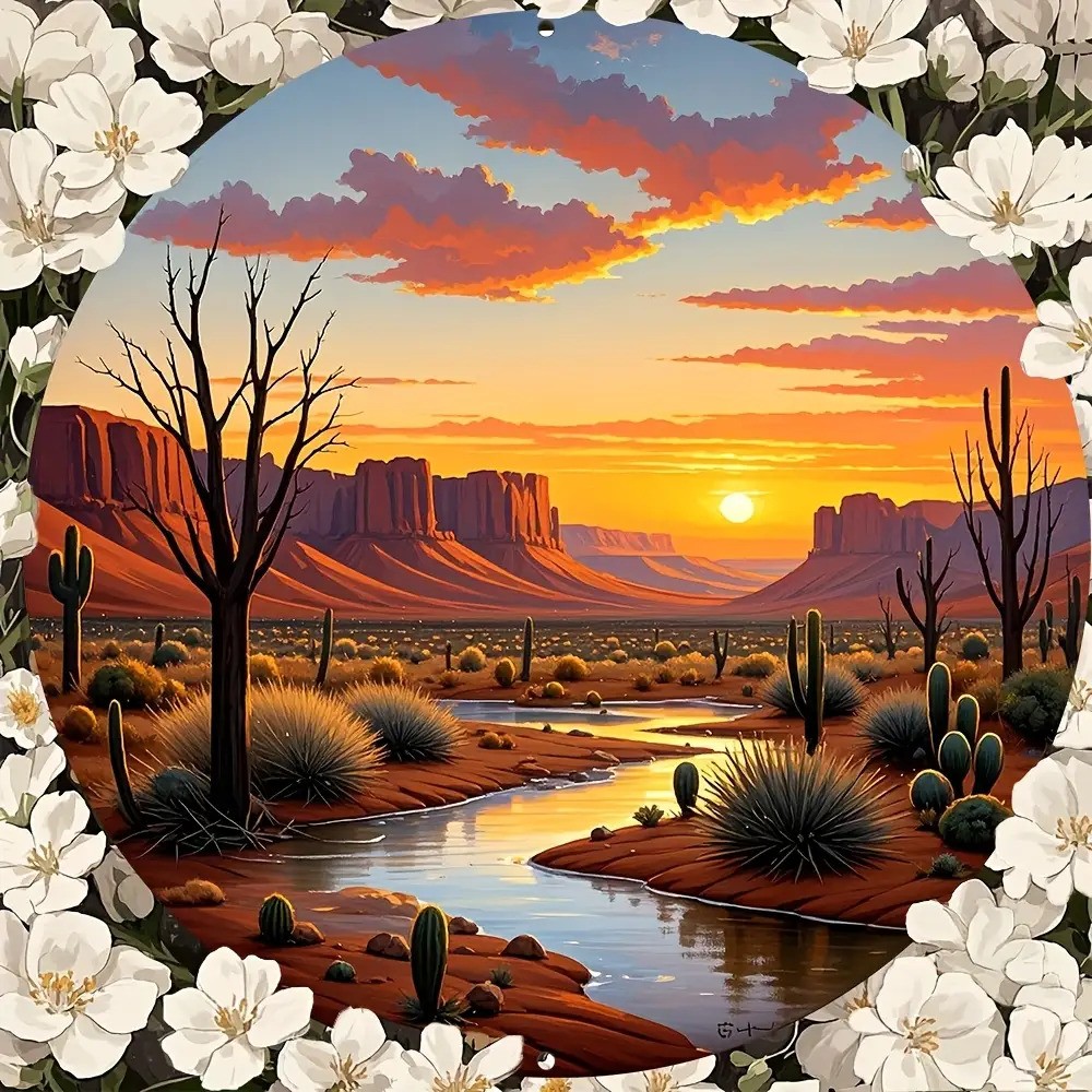 Desert Sunset Landscape Cactus Mountains Floral Border Art