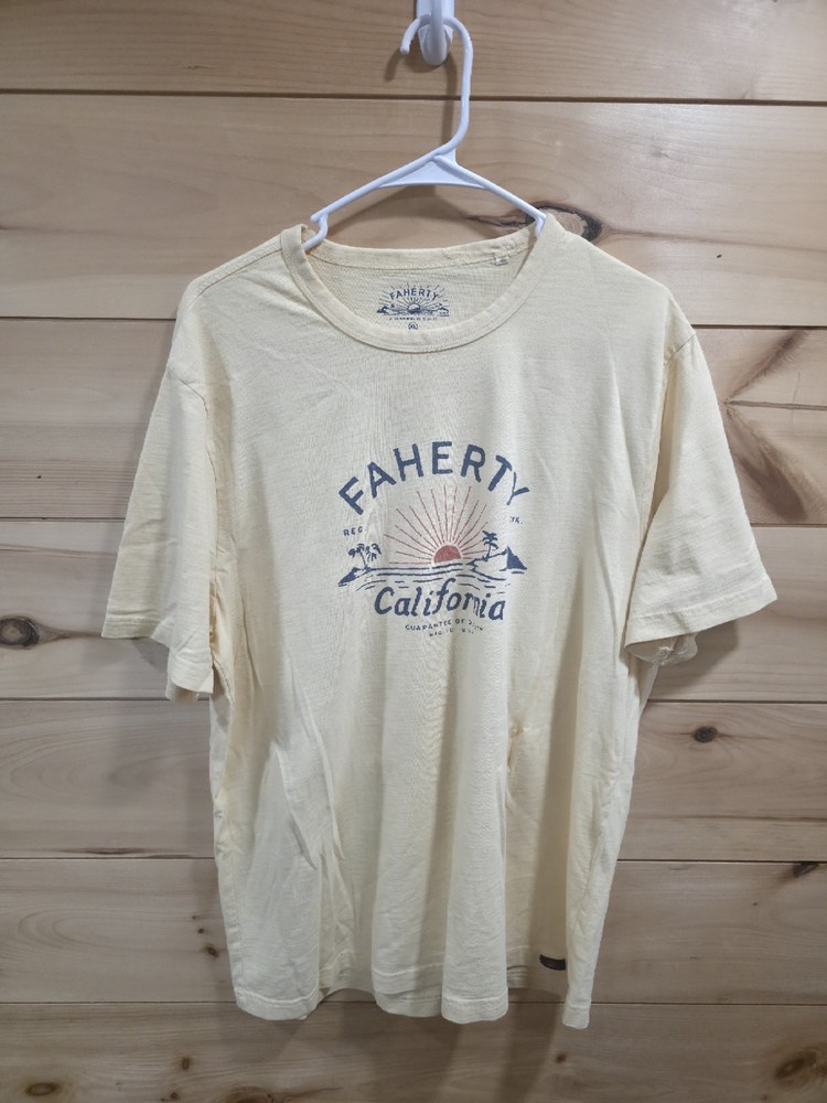 FAHERTY California Graphic T Shirt Mens XL Yellow Beach Surf Sunset Short Sleeve