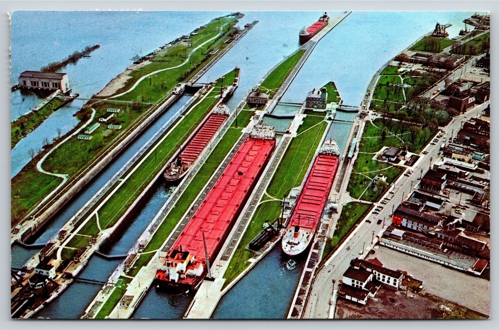 Sault Ste Marie Michigan~Aerial View Of The Soo Locks~PM 1983~Vintage Postcard