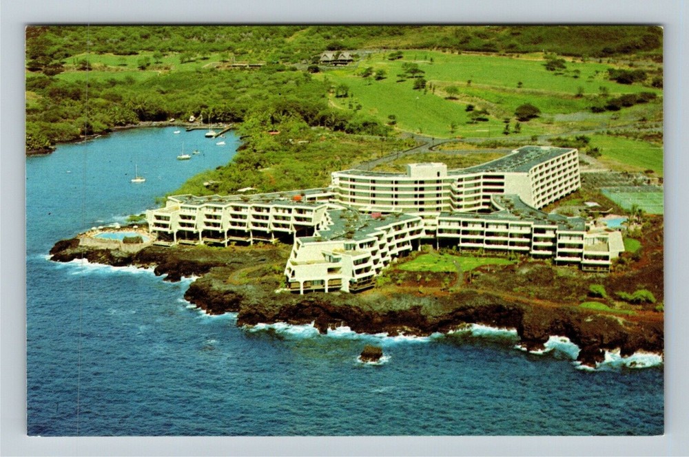 Keauhou Bay HI-Hawaii, Aerial Kona Surf Hotel Golf Course, Boats Chrome Postcard