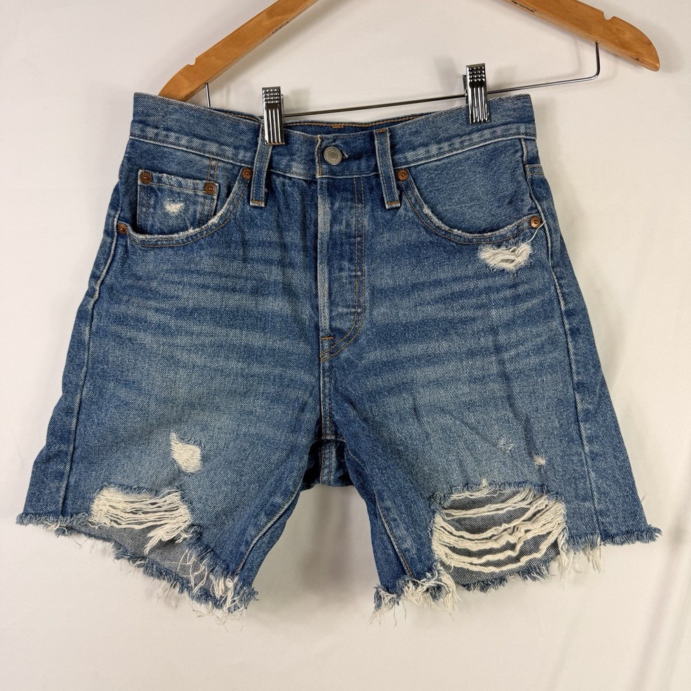 Levi's 501 Cut Off Shorts Women's 25 Blue Distressed Denim Y2K High Rise