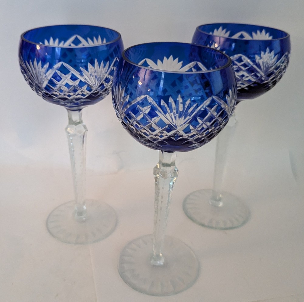 Vintage Czech Blue cut to Clear Crystal Glass Goblets 8